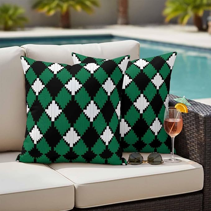 Vintage Rhombus Outdoor Waterproof Throw Pillow Covers Set of 2, 26"x26", Green Black White Decorative Pillow Covers Outside Cushion Case for Patio Porch Garden