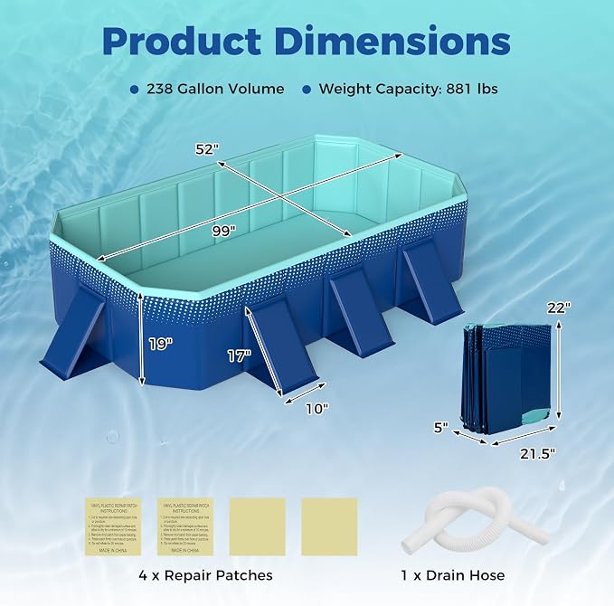 Goplus Foldable Non-Inflatable Swimming Pool, Portable Rectangle Around Ground Pool with 24 Hard Shell, Drain Hose, Outdoor Collapsible Kiddie Pool for Backyard Garden (Navy+Green,99x52 in)