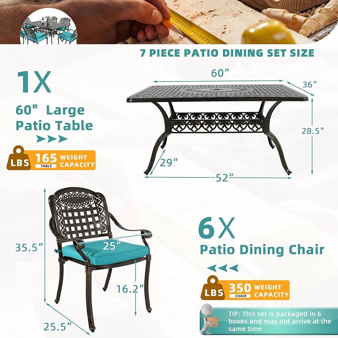 MEETWARM 7-Piece Outdoor Furniture Dining Set, All Weather Cast Aluminum Patio Garden Set with 6 Chairs, 6 Cushions, 1 Rectangular Table, 2" Umbrella Hole, Dark Bronze, Ocean Blue