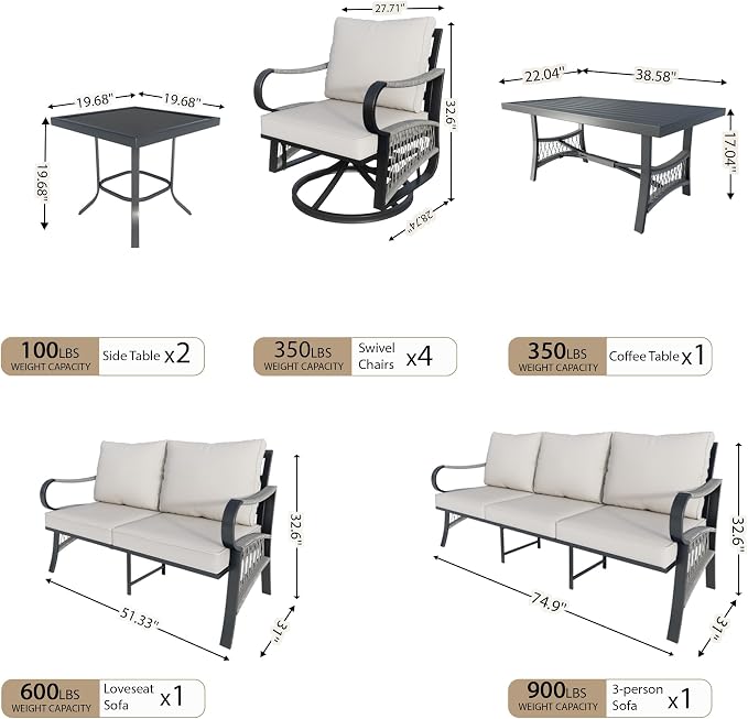 9-Piece Outdoor Patio Conversation Sets, Rope Outdoor Furniture Set Metal 3-Seater Couch, 4 Swivel Rockers with 2 Side Tables, Loveseat Sofa with Coffee Table for Backyard Deck Porch Poolside, Beige