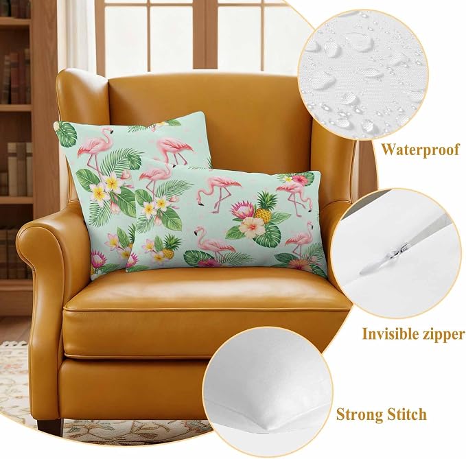 Pink Flamingos Outdoor Pillow Covers 26"x26" Set of 2, Summer Tropical Yellow Pineapples Green Palm Leaf Waterproof Throw Pillow Covers for Patio Furniture, Decorative Cushion Covers for Porch