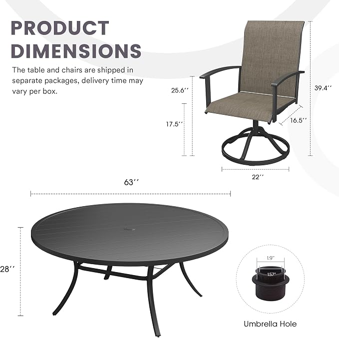 9 Pieces Outdoor Patio Dining Table Set, 63" All Weather Round Metal Table with Umbrella Hole and 8 High Back Textilene Swivel Chairs for Garden, Lawn, Poolside, Black Table & Brown Chairs