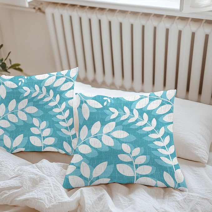 Teal Cyan Leaves Outdoor Waterproof Throw Pillow Covers 16x16 Set of 2, Farmhouse Botanical Branch Vintage Boho Leaf Decorative Pillowcases Cushion Pillowcase for Couch Sofa Patio Pillow Protector