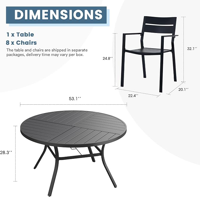 DIFY 9 Piece Outdoor Patio Dining Set for 8, 53.1" Round Dining Table with Umbrella Hole and Stackable Metal Chairs, Patio Table and Chairs Set for Backyard Garden Poolside, Black