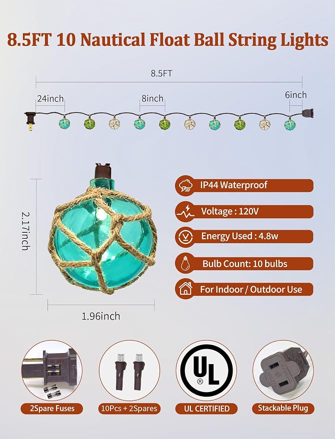 8.5Ft Nautical Fishing Float String Lights,Plug in Beach Themed Buoy Lights | Set of 10 LED Tiki Bar Lights Indoor Coastal Beach Theme Home Decor and Outdoor Patio Decorations-Blue/Green/White
