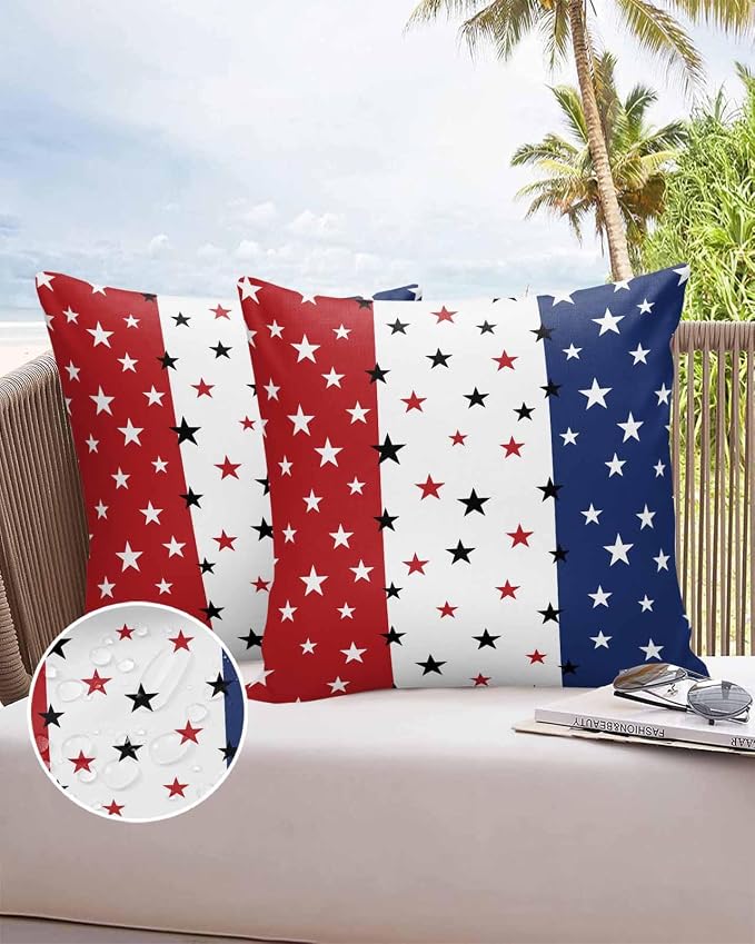 Vandarllin Outdoor Throw Pillows Covers 16X16 Set of 2 Waterproof July 4th Decorative Zippered Cushion Covers for Patio Furniture, Red White Blue Lumbar Pillowcases Independence Day Americana Stars
