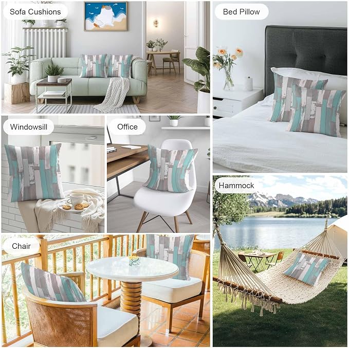 Turquoise Gray Outdoor Pillow Covers 24x24 Inch Throw Pillow Covers Set of 2 Waterproof Decorative Pillow Cases Country Retro Mottled Texture Wood Grain Cushion Covers for Patio Furniture Garden Couch
