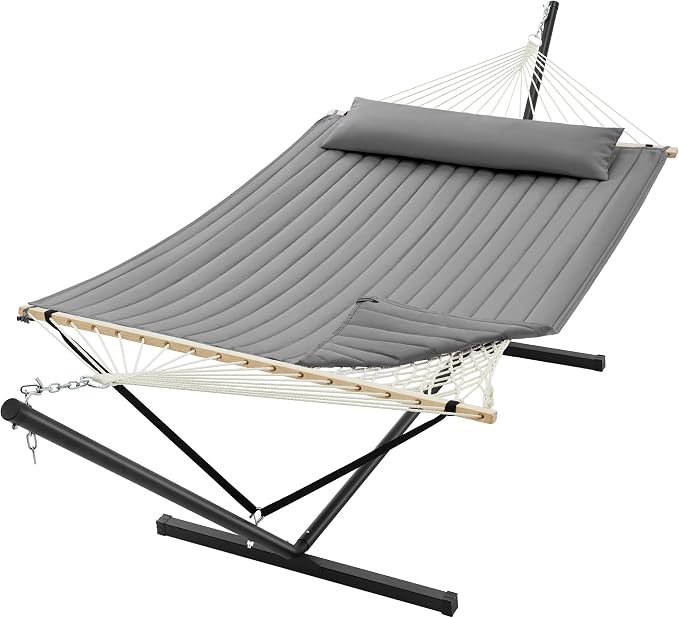 SUPERJARE 12ft Double Hammock with Stand, Rope Hammock for 2 Person, Detachable Hammock Bed and Pillow, Portable, Anti-Tip Safety Ropes, Carry Bag, Outdoor Backyard Patio Camping, Gray