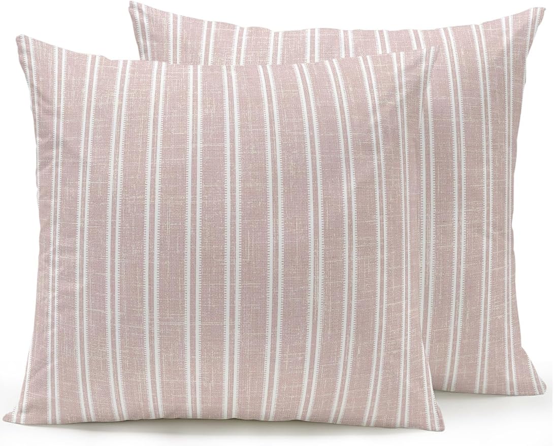 Waterproof Outdoor Pillow Set of 2 Red Linen Striped Decorative Throw Pillows Cover & Insert 16x16 Inch Pillowcase Vertical Stripes Lines Pillows for Couch Sofa Bed Patio Furniture Indoor Outdoor