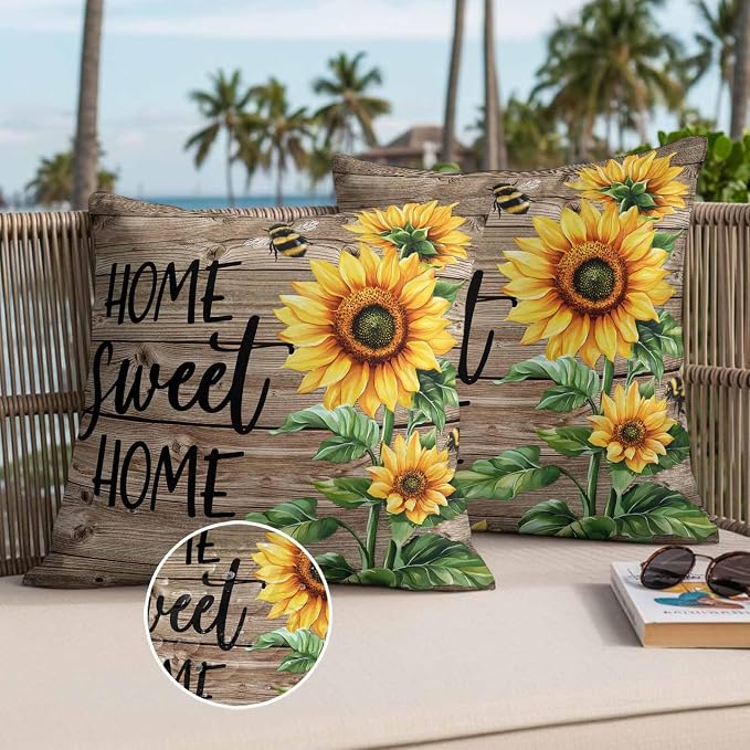 Throw Pillow Covers 20x20 Inch Set of 2, Sunflower Bee Waterproof Outdoor Pillow Covers, Farmhouse Country Wooden Plank Brown Decorative Cushion Pillowcases for Couch, Sofa, Bed, Garden, Patio