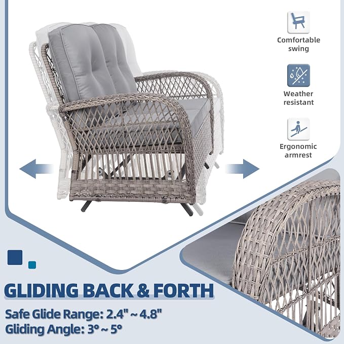 4-Piece Wicker Patio Furniture Sets Outdoor All-Weather Rattan Conversation Set Includes Glider Loveseat, Glass-Top Coffee Table, 2 Glider Rocker Chairs with Thickened Cushions, Gray