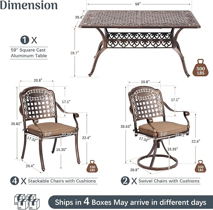 Redlife 7-Piece Cast Aluminum Outdoor Dining Set, 59" Rectangular Patio Table with Umbrella Hole, 2 Swivel Rocker Chairs & 4 Stackable Chairs with Cushions, Lattice Backrest