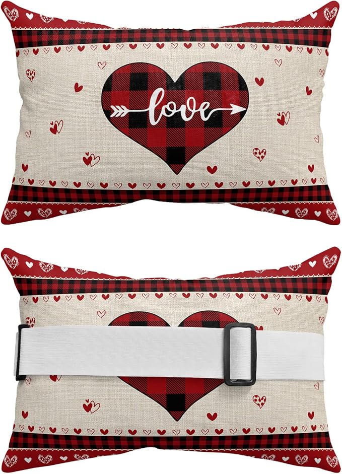 Outdoor Pillows Covers with Inserts Love Heart Black and Red Buffalo Plaid Waterproof Recliner Pillow with Adjustable Strap Throw Pillows for Patio Furniture Pool Lounge Chair, 11x16 inch, 1PCS