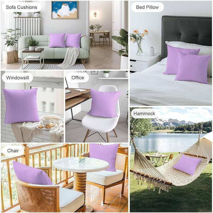 Throw Pillow Covers 18x18 Inch Set of 2, Purple Pink Waterproof Outdoor Cushion Covers, Geometric Vertical Striped Solid Rainbow Decorative Pillowcases for Couch, Sofa, Bed, Garden, Patio