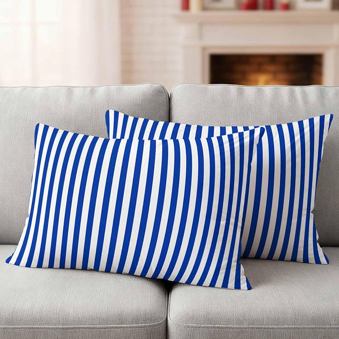 Lumbar Pillow Covers 20x12 Inch Set of 2, Navy Blue Stripe Waterproof Outdoor Cushion Covers, Modern White Vertical Striped Geometric Decorative Pillowcases for Couch, Sofa, Bed, Garden, Patio