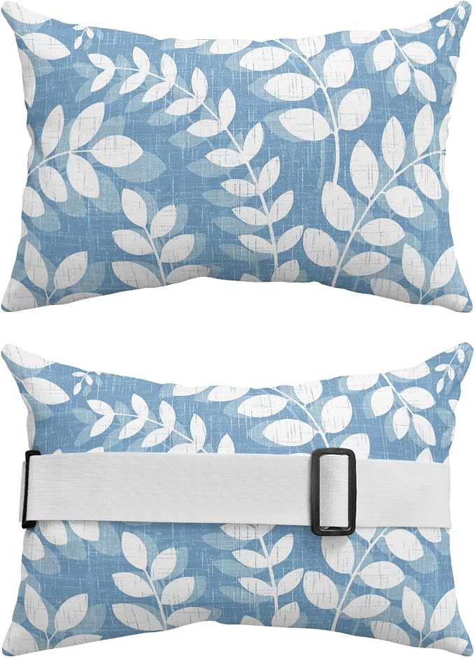 Outdoor Lumbar Pillow Set of 2, Sky Blue Leaves Waterproof Beach Headrest Pillow with Inserts, Farmhouse Botanical Branch Vintage Boho Leaf Recliner Throw Pillows for Patio Furniture, 12 x 20