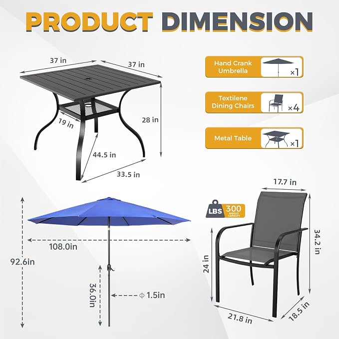 SUNCROWN 6 - Piece Outdoor Dining Set, Patio Furniture Set with 4 Textilene Dinning Chairs, 1 Steel Slat Metal Bistro Table and 1 Dark Blue 9Ft Patio Umbrella for Lawn Garden Backyard Deck, Grey