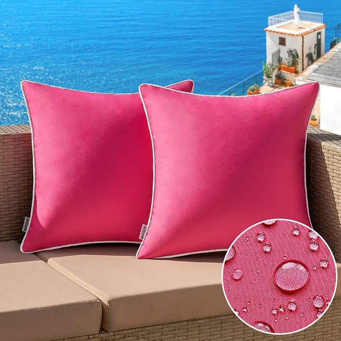MIULEE Outdoor Waterproof Pillow Covers 18x18 Hot Pink Pack of 2 | Decorative Farmhouse Throw Pillow Covers with Piping,Square Solid Color,Patio Furniture,Summer Couch Tent Sofa Living Room