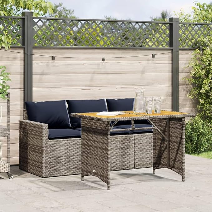 Garden Dining Set Grey Poly Rattan 3-Seater Sofa Outdoor Patio Furniture Set with Washable Cushions and Steel Frame Rectangular Table Couch for Backyard Deck Balcony