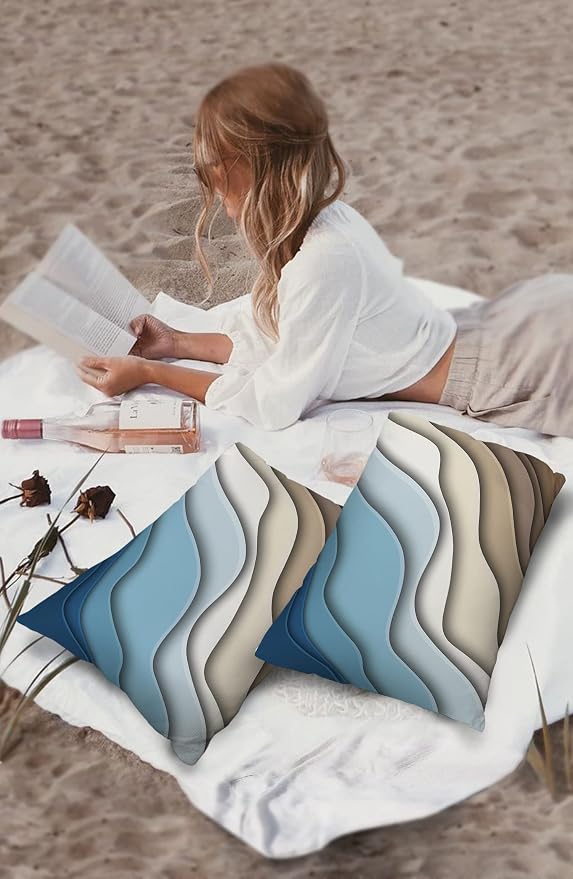 Funy Decor Outdoor Pillow Cover Geometric Blue Modern Waterproof Lumbar Throw Pillowcases Set of 2 Brown Abstract Decorative Patio Furniture Pillows for Couch Garden 20 x 12 Inches
