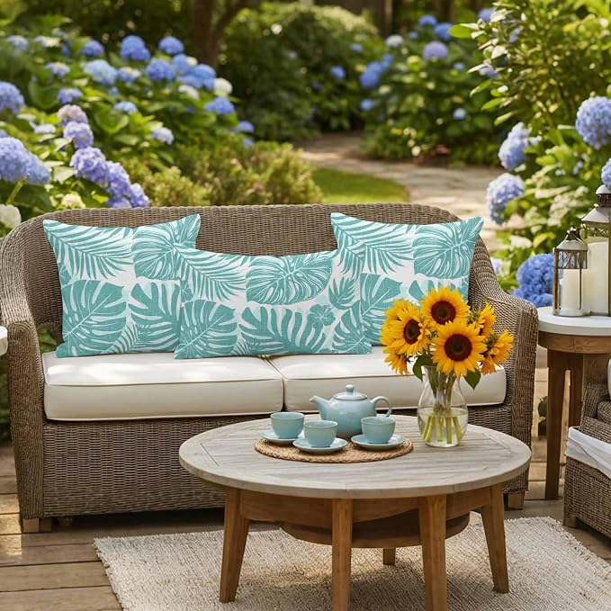 Aqua Teal Palm Leaves Outdoor Pillow Covers 16"x16" Set of 2, Tropical Botanical Minimalist Modern Waterproof Throw Pillow Covers for Patio Furniture, Decorative Cushion Covers for Porch