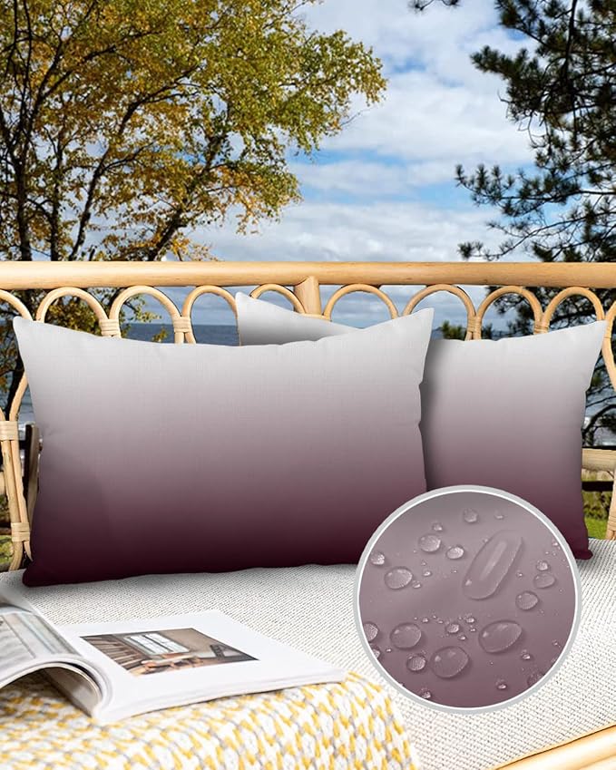 Prime Leader Outdoor Waterproof Pillow Covers Set of 2, Romantic Burgundy Gradient Patio Throw Pillow Covers, Decorative Cushion Case for Couch Sofa Furniture Garden, 20x12 Inch