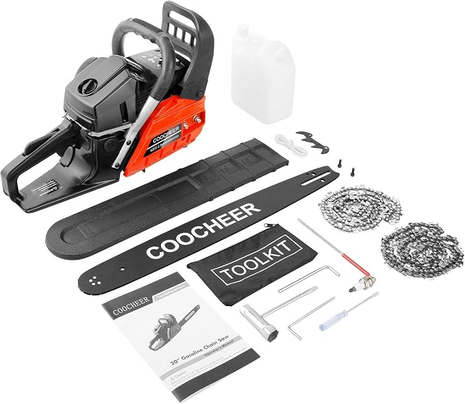 COOCHEER 62CC Gas Powered Chain saws, 20Inch 3.5HP 2-Stroke Gasoline Chain Saw with for Tree Stumps, Limbs, Tree Felling, and Firewood Cutting(Black&Red 2022 Updated)