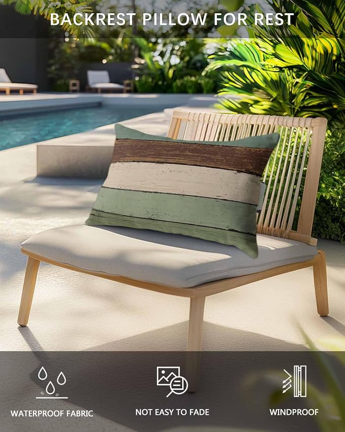 Outdoor Pillows Covers with Inserts Vintage Sage Green Brown Wood Grain Farm Waterproof Recliner Pillow with Adjustable Strap Throw Pillows for Patio Furniture Pool Lounge Chair, 11x16 inch, 1PCS