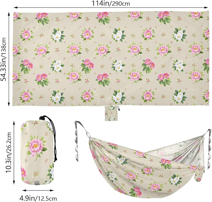 Camping Hammock Outdoor Hammocks for Outside Vintage Peony Flower Beach Trees Portable Lightweight with Pockets Tree Straps Indoor Small