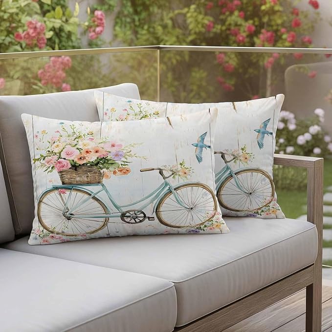 Teamery Outdoor Waterproof Pillow Covers Pastoral Blossom Blue Bike Throw Cushion Case, Vintage Wooden Plank Pillowcase for Bed,Sofa,Couch, Patio Furniture,20x12in, 2Pack Decorative Pillows Protector