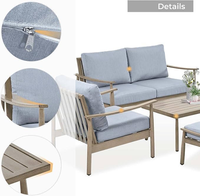 HAPPATIO Patio Outdoor Furniture Set - 6 Pieces Aluminum Outdoor Conversation Set with 1 Cushioned Loveseat, 2 Armchairs, 1 Coffee Table, and 2 Ottomans for Yard, Porch, and Deck (Brown)