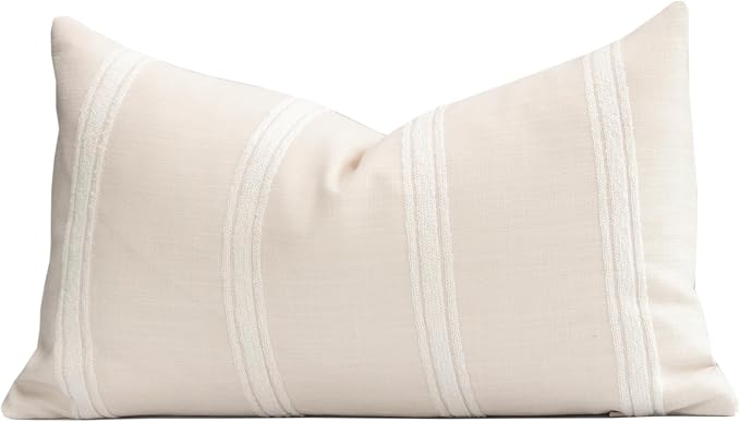 Modern Farmhouse Fall Linen Indoor Outdoor Lumbar Pillow Cover Only, 12"x20" Water Repellent for Patio, Backyard, Couch, Neutral Beige Embroidered Stripes