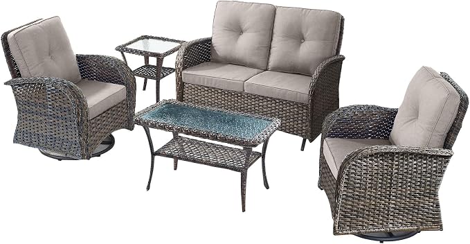 5 Pieces Patio Furniture Set-Outdoor Rocking Chairs Set of 2 Outdoor Glider Bench with Wicker Outdoor Coffee Table for Deck Lawn Porch Balcony Poolside-Brown/Beige