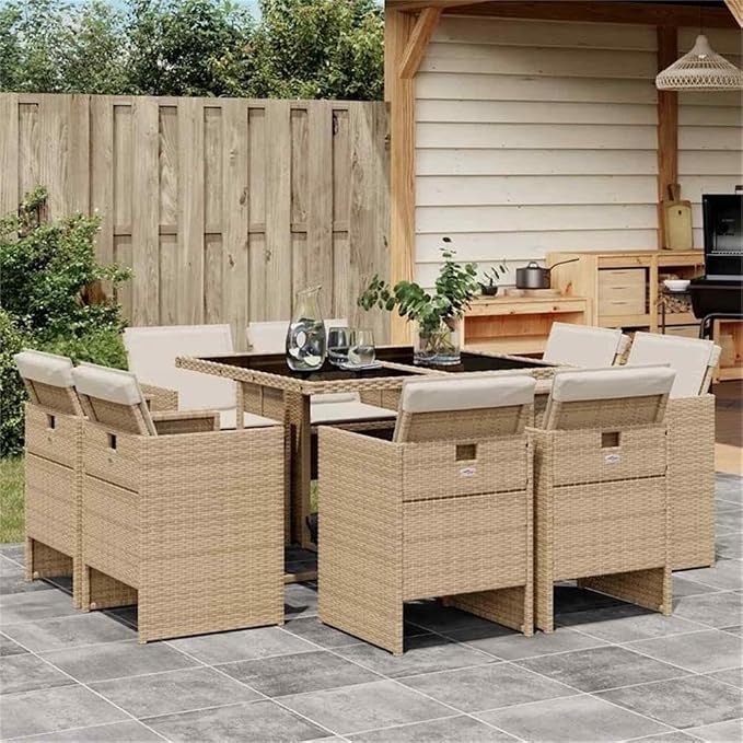 Afuera Living 9 Piece Patio Dining Set, Black and Beige Woven Design, Tempered Glass Table, Powder-Coated Finish, UV Resistant, Foldable Chairs with Washable Cushions, Outdoor Garden Furniture for 8