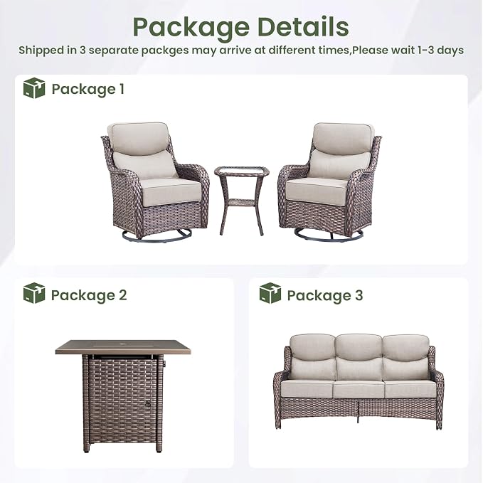 Luxury Patio Furniture Set with 6-inch Thick Cushion, Outdoor Furniture with Fire Pit Table, Swivel Chairs, Side Table, Sofa, 5pcs Wicker Conversation Set for Deck Yard (Brown Wicker | Beige Cushion)
