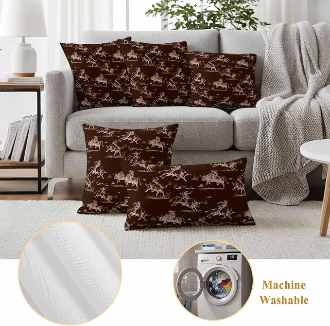 Western Cowboys Outdoor Pillow Covers Waterproof, All Weather Cushion Case Set of 2, Brown Farmhouse Country Pastoral Scenery Decorative Pillowcases for Sofa Couch Bed Decor Patio Furniture 18"x18"