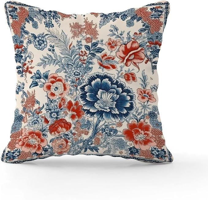 Throw Pillow Covers Chinoiserie Tree Peony Bird Throw Pillow Covers Abstract Floral Coral Turquoise Navy Pillow Cover Accent Outdoor Garden Decoration for Patio Furniture Garden 16x16 in