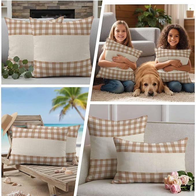 Retro Brown Outdoor Waterproof Pillow Covers, Farmhouse Buffalo Plaid Vintage Beige Decorative Square Throw Pillowcase Sofa Cushion Sham for Patio/Couch/Chair, 18"x18" 2 Pack
