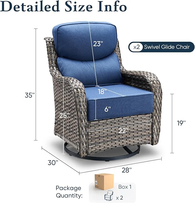 Belord Luxury 6" Thick Cushioned Outdoor Swivel Rocker Patio Chairs of 2, High Back Wicker Patio Furniture Set with Ergonomic Zone Back, Conversation Glider Set for Deck Porch - Grey+Blue