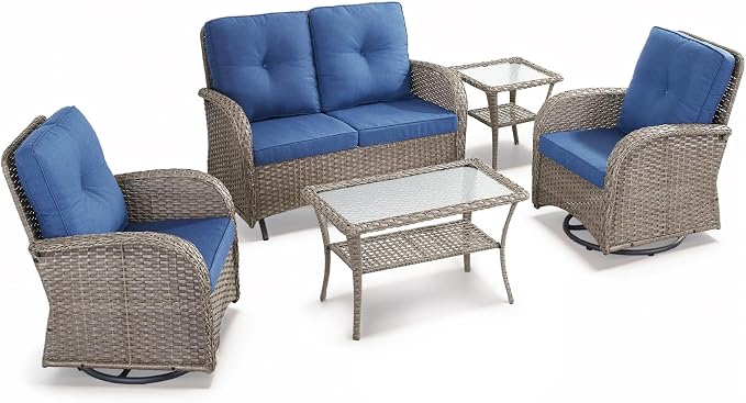 5 Pieces Patio Furniture Set-Outdoor Rocking Chairs Set of 2 Outdoor Glider Bench with Wicker Outdoor Coffee Table for Deck Lawn Porch Balcony Poolside-Grey/Blue