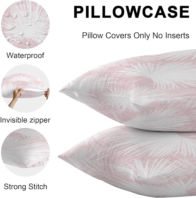 Lumbar Pillow Covers 20x12 Inch Set of 2, Pink Palm Leaves Coastal Waterproof Outdoor Pillow Covers, Summer Tropical Botanical Boho Decorative Cushion Pillowcases for Couch, Sofa, Bed, Garden, Patio
