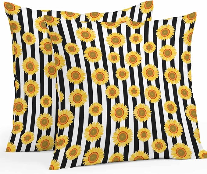 Vandarllin Outdoor Throw Pillows Covers 26x26 inch Set of 2 Waterproof Sunflower Decorative Zippered Cushion Covers for Patio Furniture, Summer Floral Black Stripes Lumbar Pillowcases