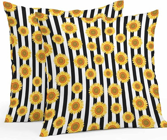 Vandarllin Outdoor Throw Pillows Covers 16x16 inch Set of 2 Waterproof Sunflower Decorative Zippered Cushion Covers for Patio Furniture, Summer Floral Black Stripes Lumbar Pillowcases