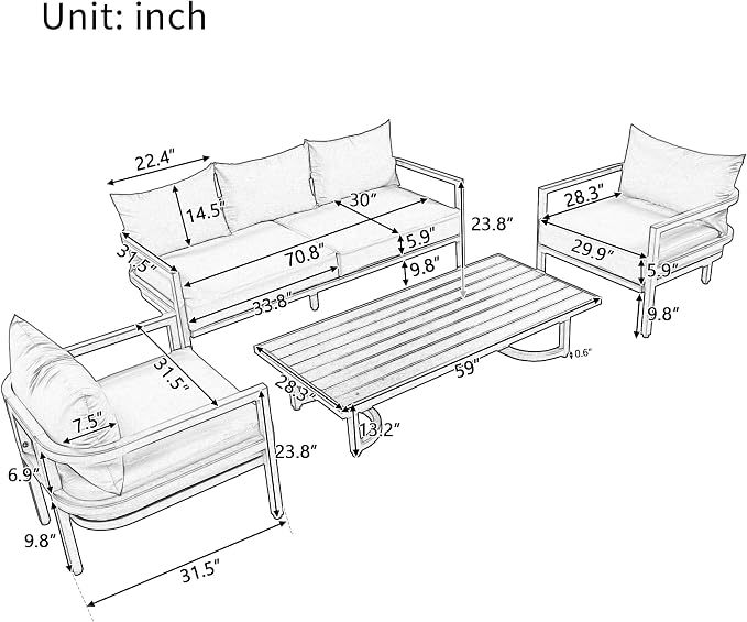 VilroCaz 4-Piece Outdoor Steel Sofa Set, All Weather Patio Conversation Set with 1 Love Sofa, 2 Single Sofas, Coffee Table, Waterproof Cushions, Suitable for Backyard, Poolside Gardens (Beige-Z)