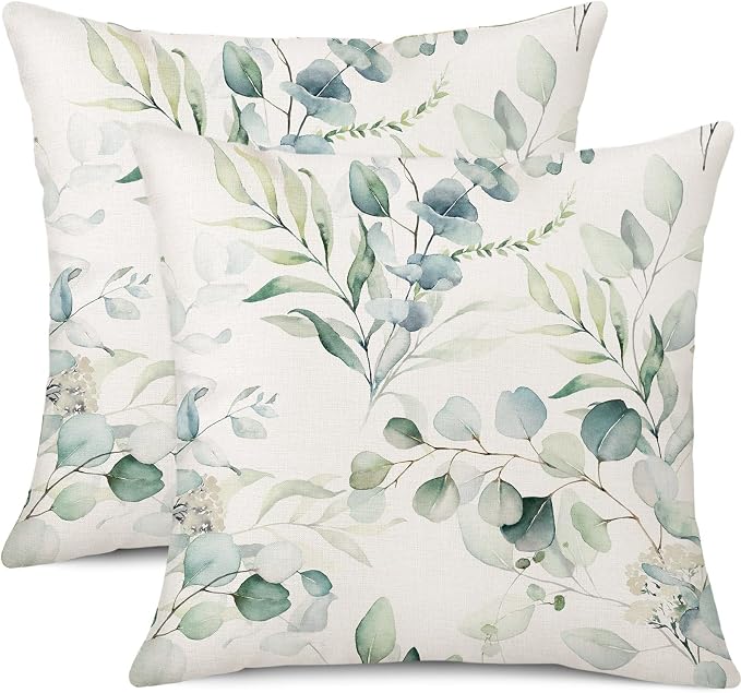 Set of 2 Sage Green Outdoor Waterproof Throw Pillow Covers Watercolor Eucalyptus Leaves Decorative Cushion Cases for Outdoor Couch Sofa Patio Furniture Home Decoration 18 x 18 Inch