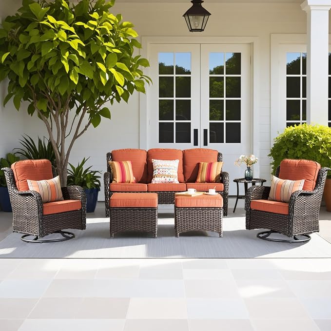 ovios 6-Pieces Patio Furniture Set, Outdoor Wicker Sofa Couch with Swivel Glider Chairs Comfy Cushions, High Back Modern Conversation Set, Brown Rattan, Orange Red