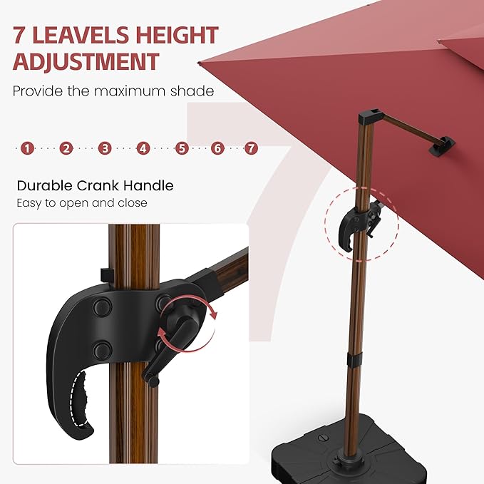 GENTEACO 10x13FT Rectangle Cantilever Patio Umbrella w/Base Included, Deluxe Wood Pattern Pole & 7 Angle Tilts, 360° Rotation, Offset Hanging Market Umbrellas for Garden Pool Patio, Red