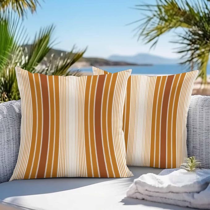Outdoor Waterproof Throw Pillow Cover, Modern Minimalist Ombre Stripe Decorative Pillows Cushion Covers, Rustic Brown Orange Style 2 Pack Pillow Cases for Patio Garden Balcony Couch Sofa 20x20in