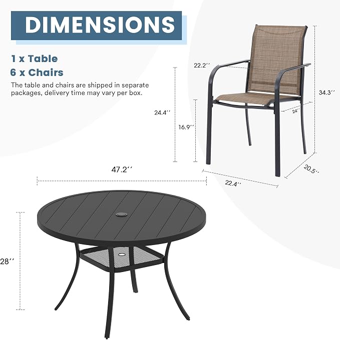 DIFY Outdoor Dining Set for 6, Patio Dining Furniture Set Includes 47.2" Black Round Table with Adjustable Umbrella Hole and 6 Brown Stackable Metal Chairs for Poolside, Garden, Backyard
