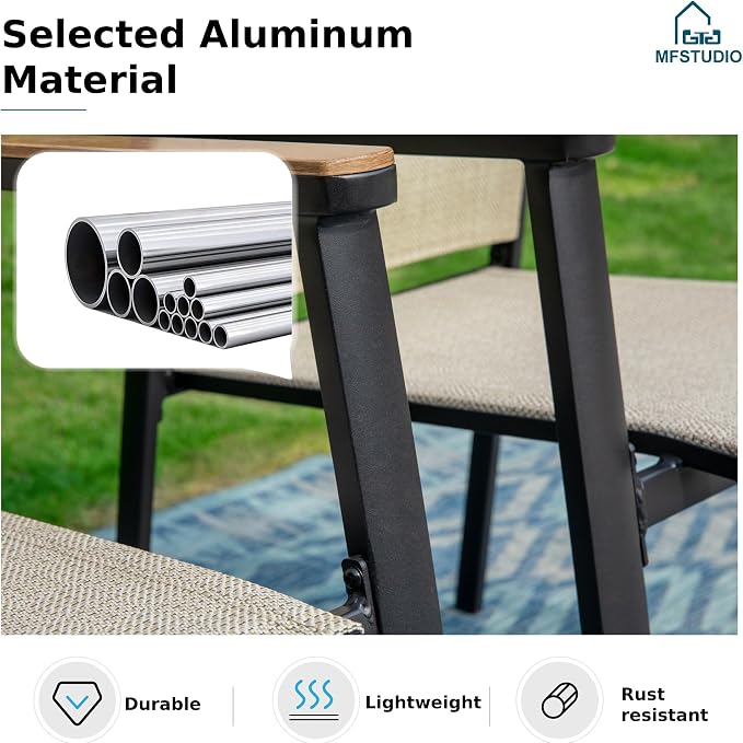 MFSTUDIO 7 PCS Patio Dining Set with 6 Stacking Aluminum Armchair(Beige) and 1 Rectangular Heavy Duty Table